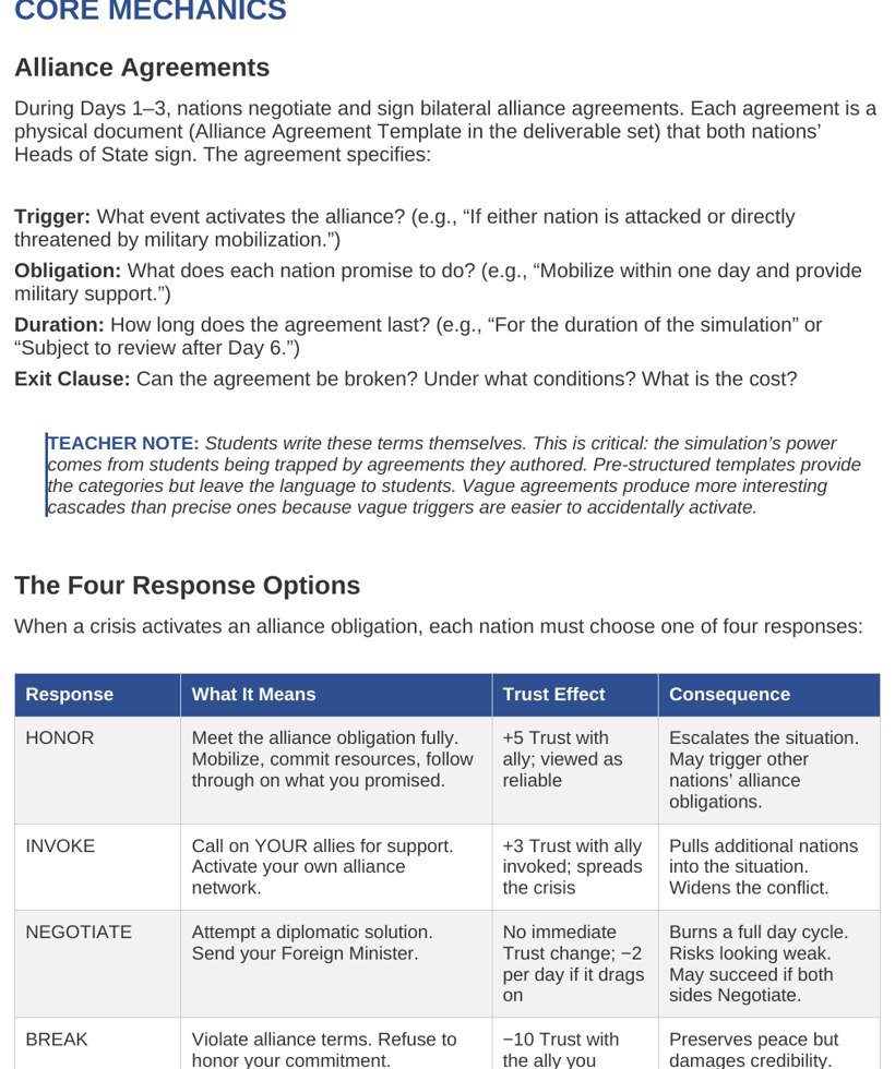 A teacher guide page showing a daily playbook with facilitation steps, prompts, and a consequence matrix.