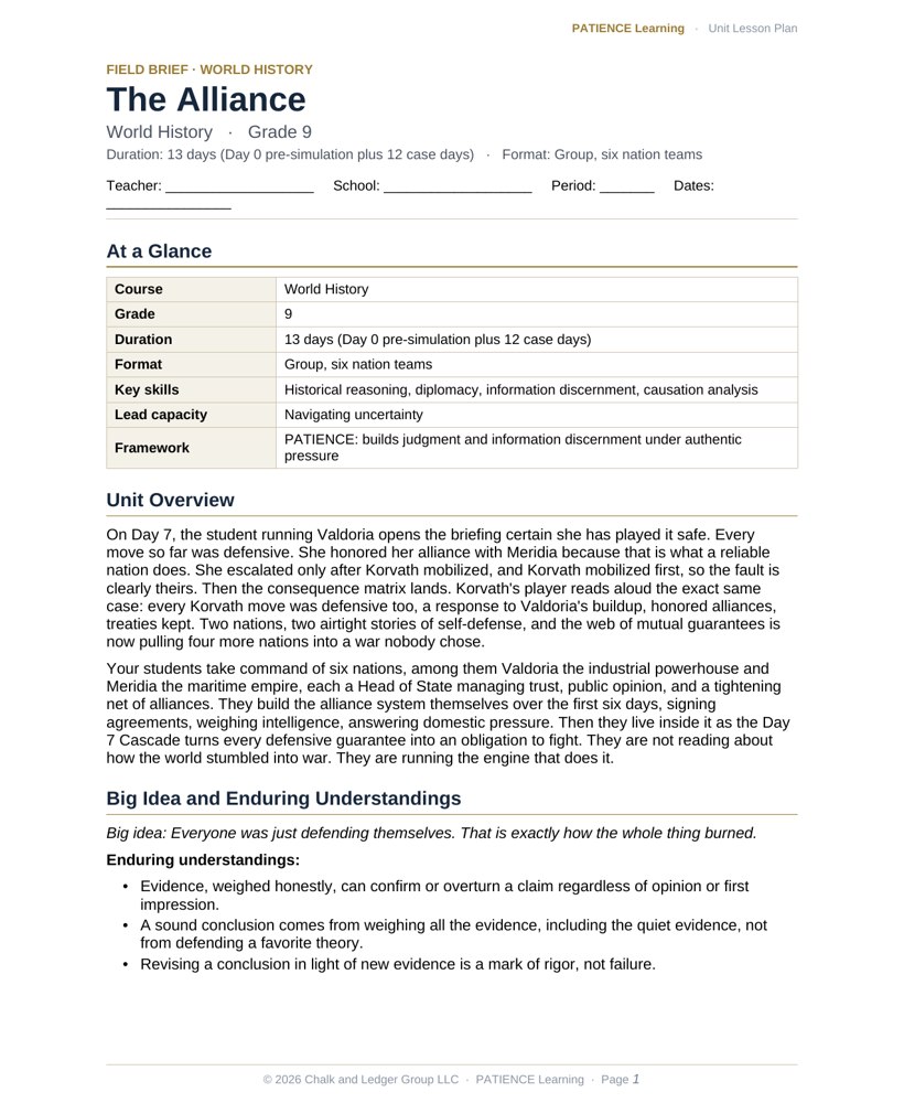 The included admin-ready lesson plan for The Alliance, first page