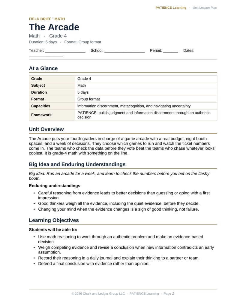 The included admin-ready lesson plan for The Arcade, first page