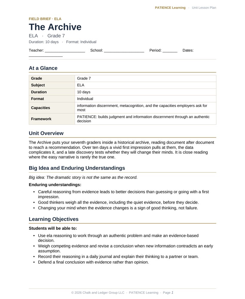The included admin-ready lesson plan for The Archive, first page