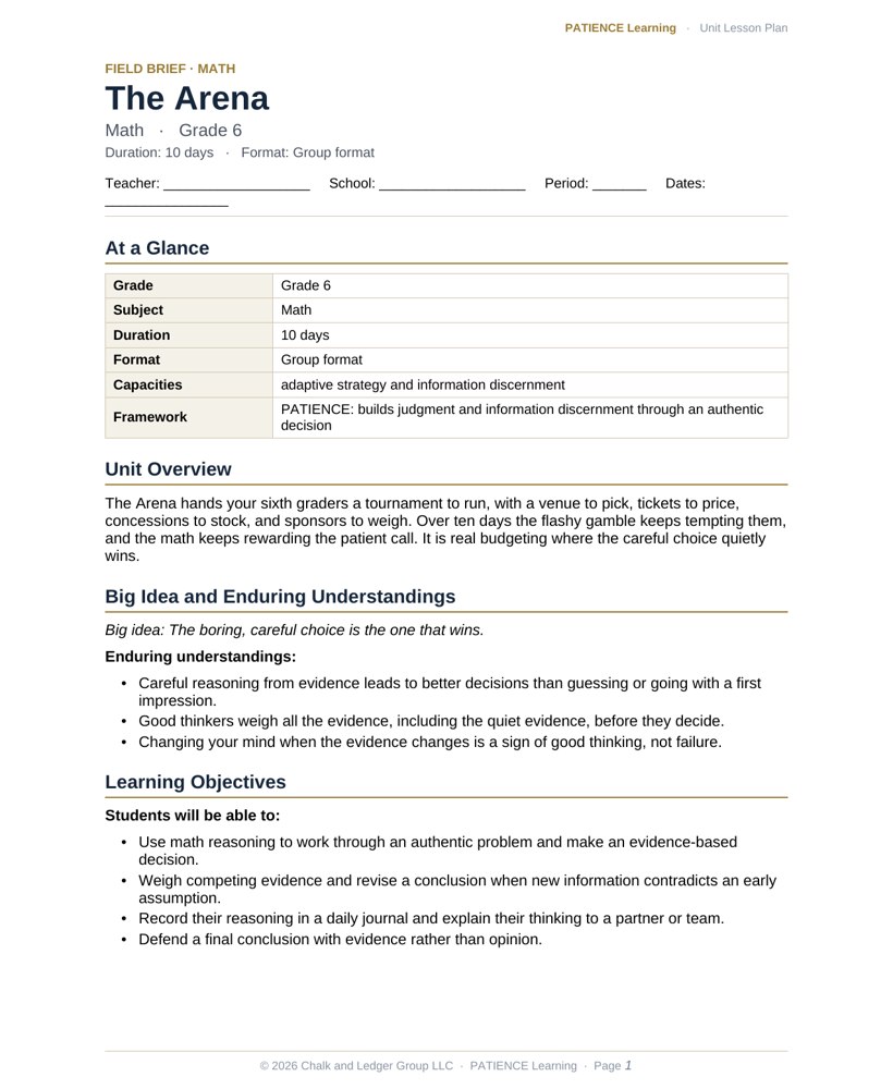 The included admin-ready lesson plan for The Arena, first page