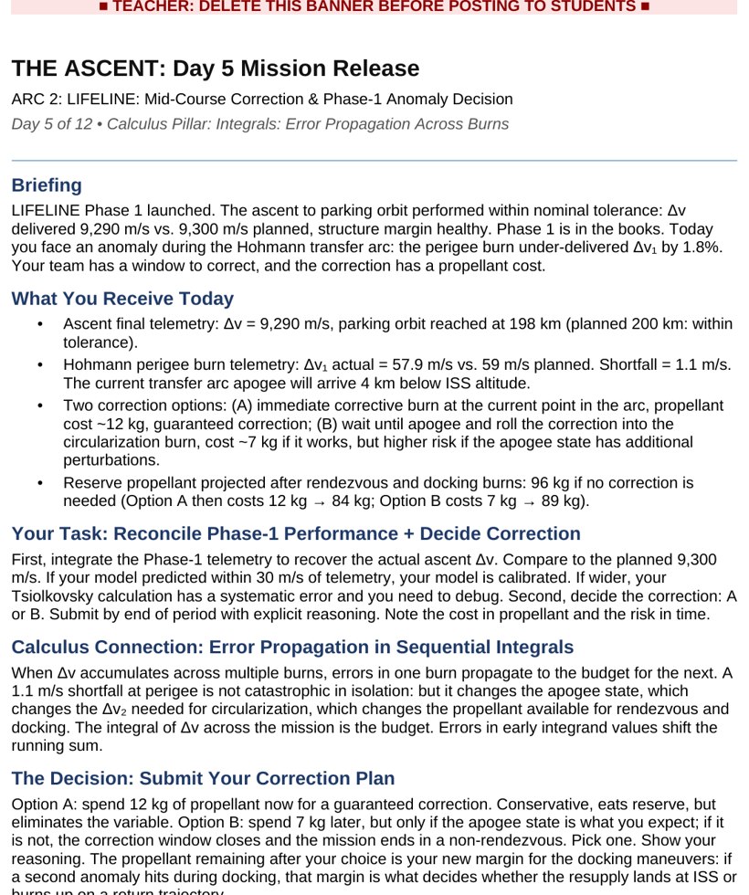 A daily mission release showing vehicle specs, telemetry, and an anomaly prompt for a student flight team.