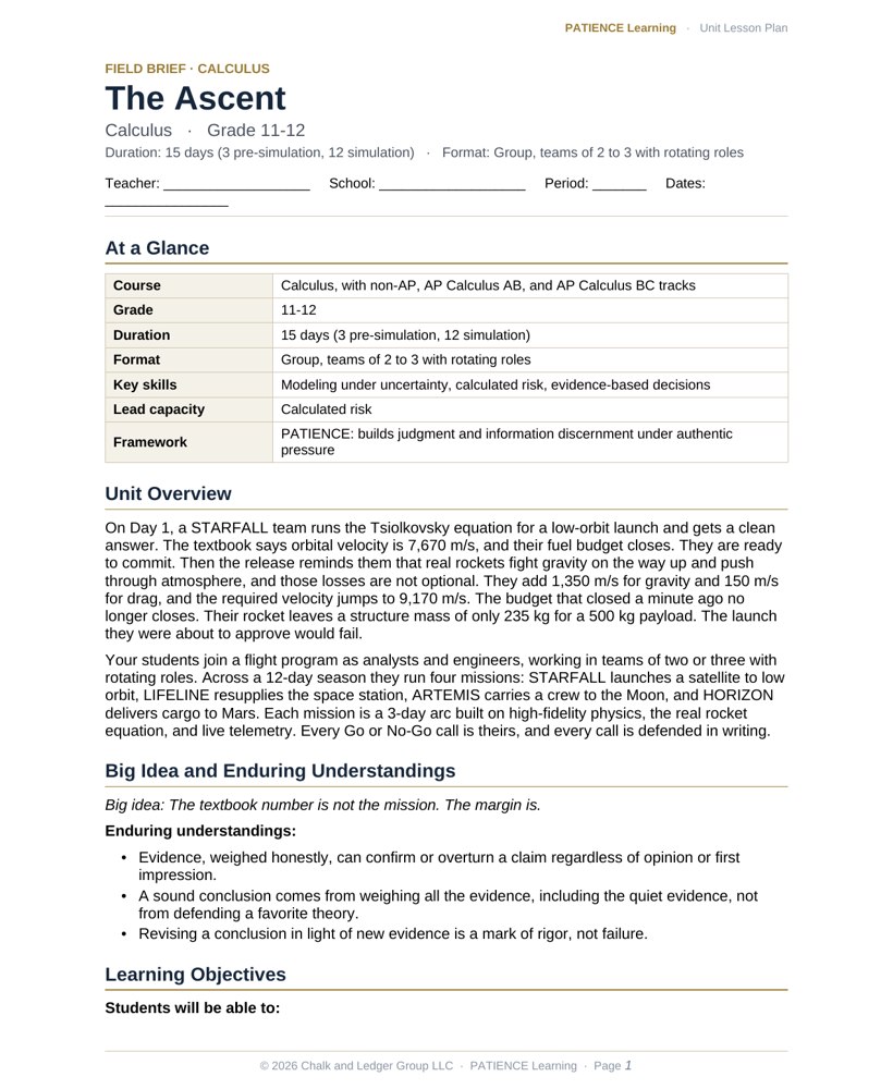 The included admin-ready lesson plan for The Ascent, first page