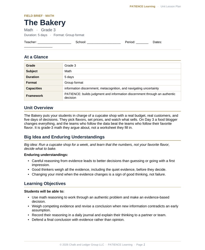 The included admin-ready lesson plan for The Bakery, first page