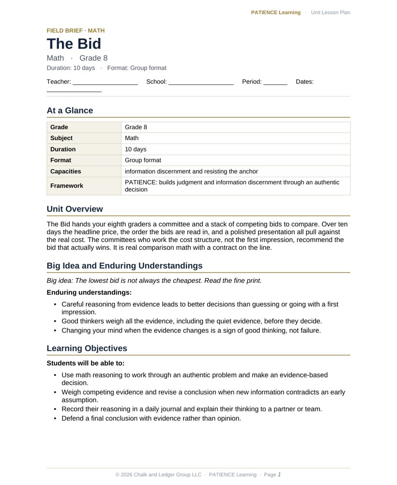 The included admin-ready lesson plan for The Bid, first page