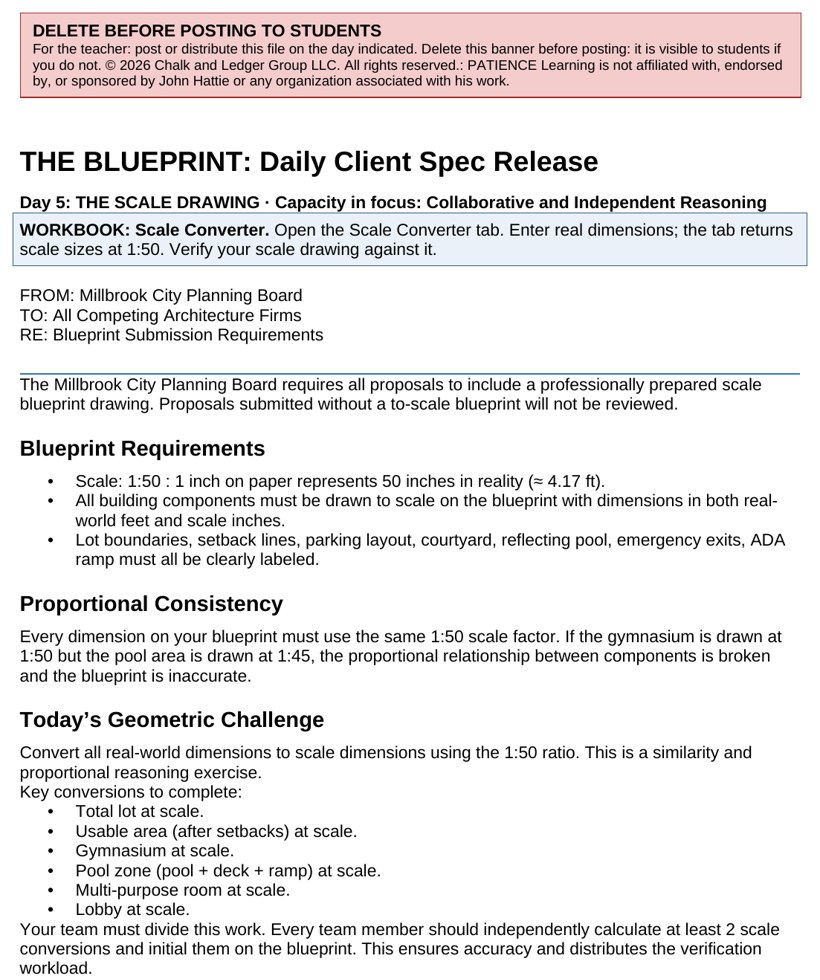 A daily client spec release brief showing the day's design requirement and constraint for the student architecture teams.