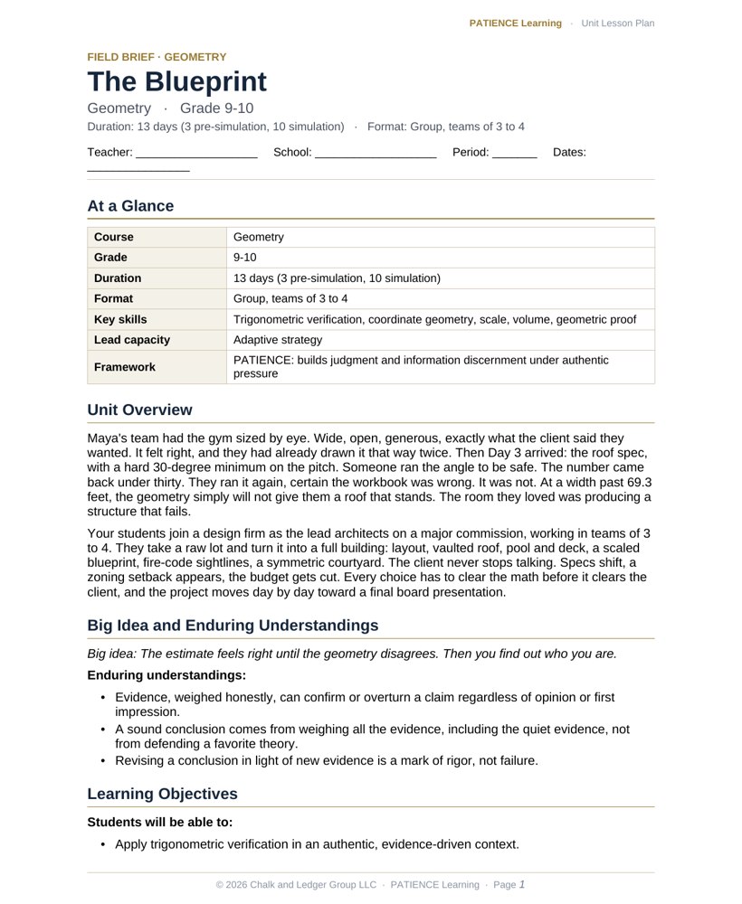The included admin-ready lesson plan for The Blueprint, first page