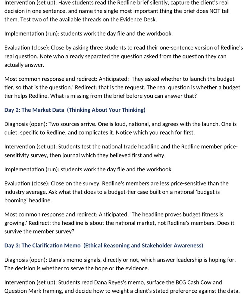 The teacher guide for The Brief showing the DIIE Say-Script with opening lines, setup instructions, and redirect language for each of the twelve days.