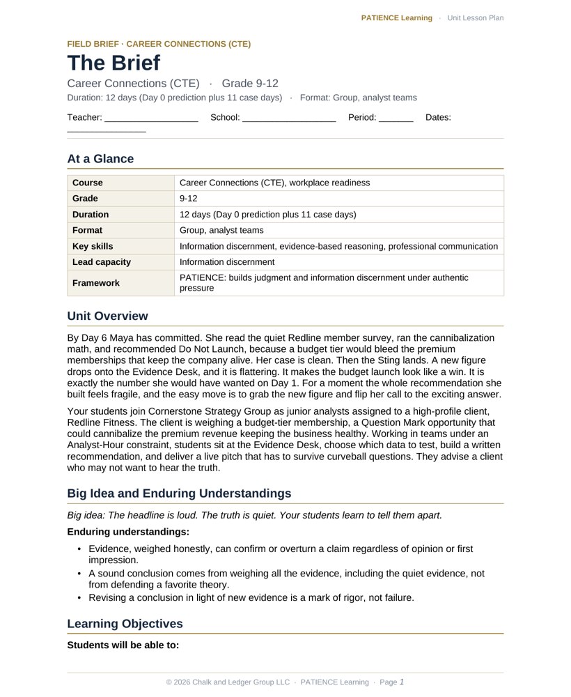The included admin-ready lesson plan for The Brief, first page