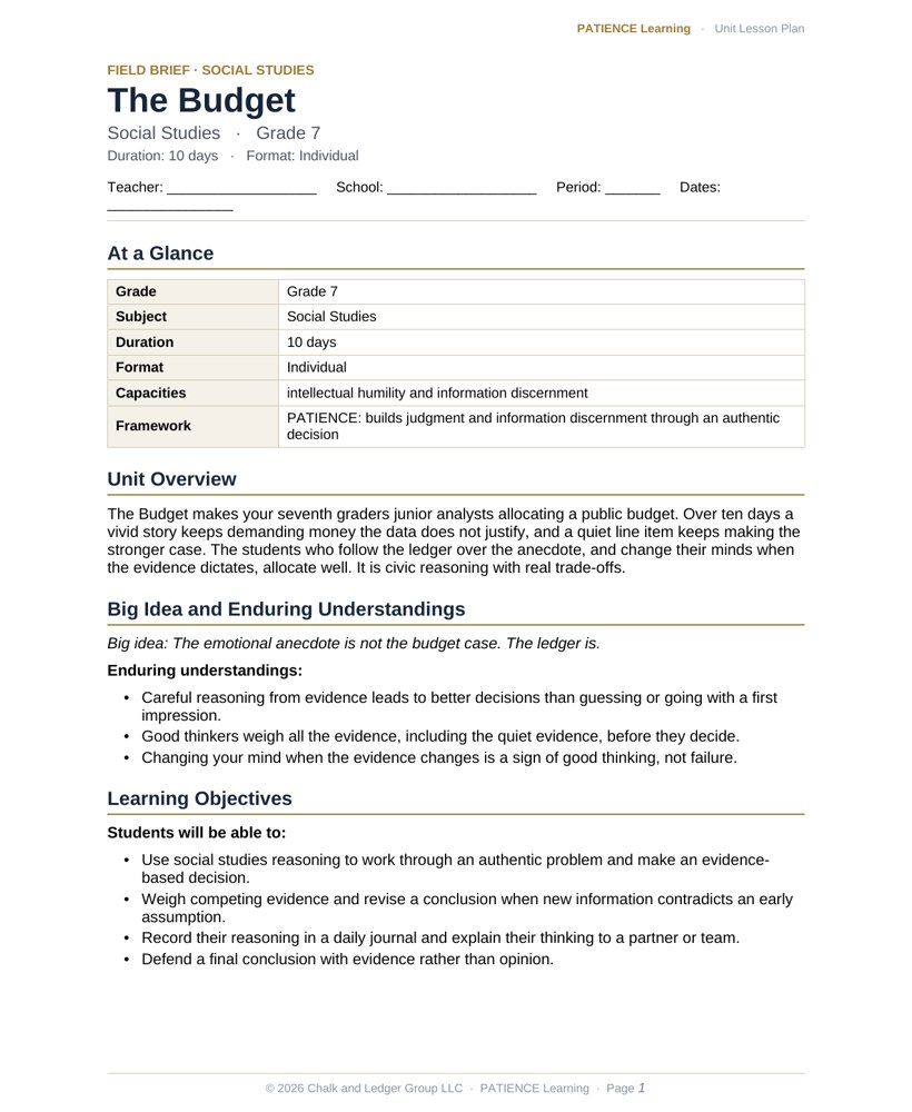 The included admin-ready lesson plan for The Budget, first page