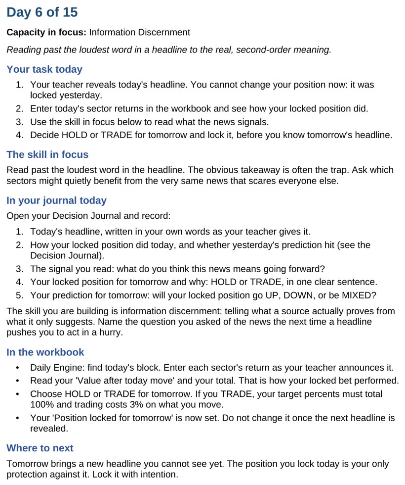 A student decision page showing the day's market headline, the six sectors, and the lock-in entry for the next day's positions.