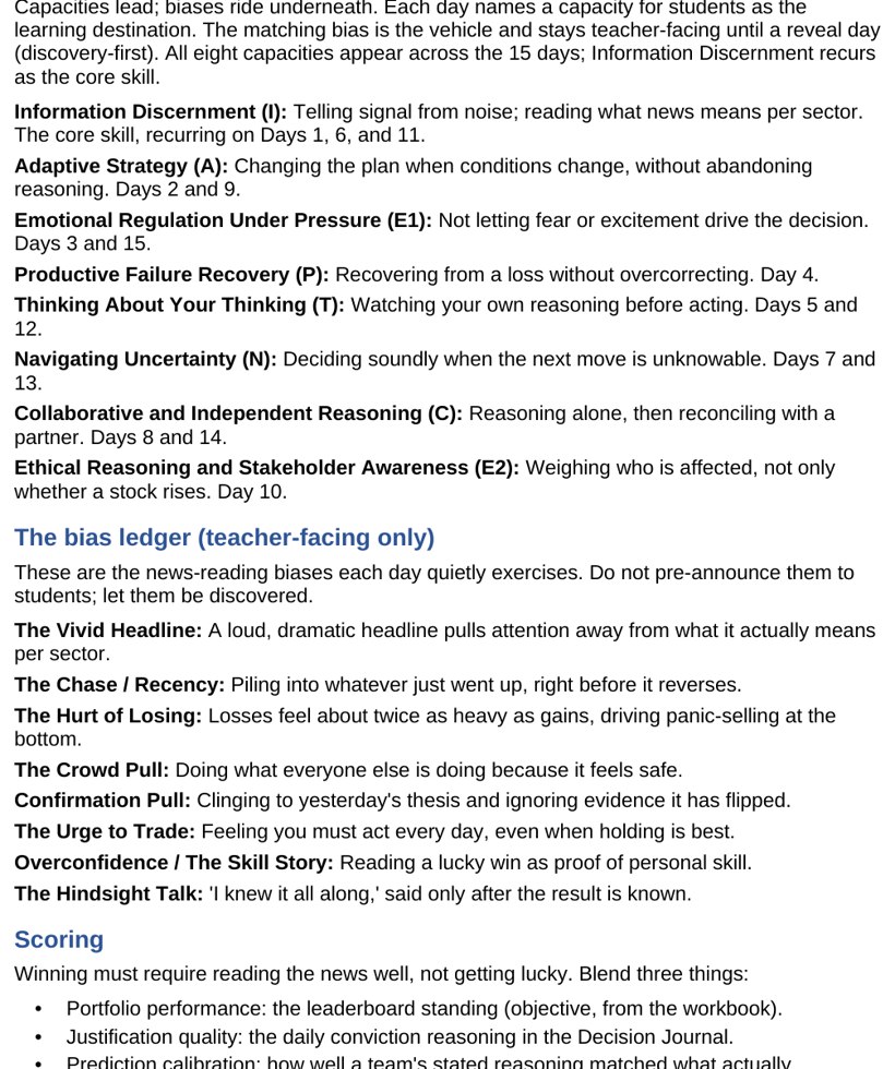 The teacher market-movements guide showing read-aloud scripts explaining the reason behind each day's market move.
