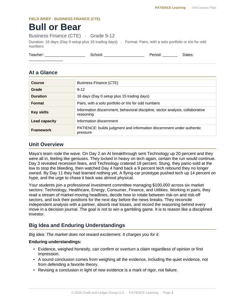 The included admin-ready lesson plan for Bull or Bear, first page