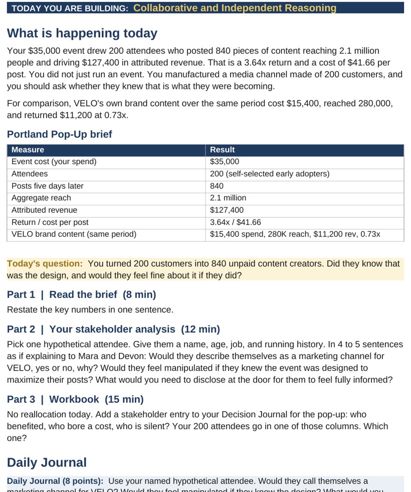 A student case page showing daily campaign data, channel performance, and a reallocation decision prompt.