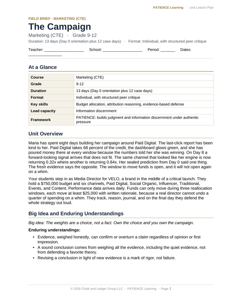 The included admin-ready lesson plan for The Campaign, first page