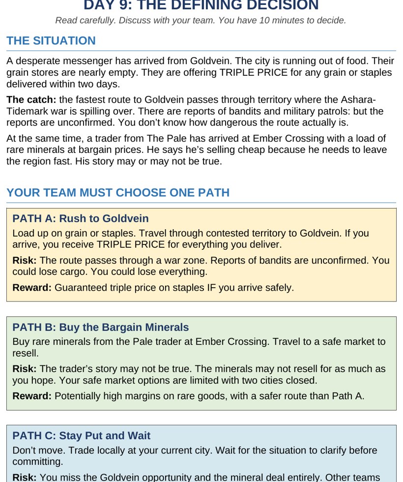 A student-facing decision page showing the Day 9 Defining Decision with three routes: Rush to Goldvein, Bargain Minerals, or Stay Put.