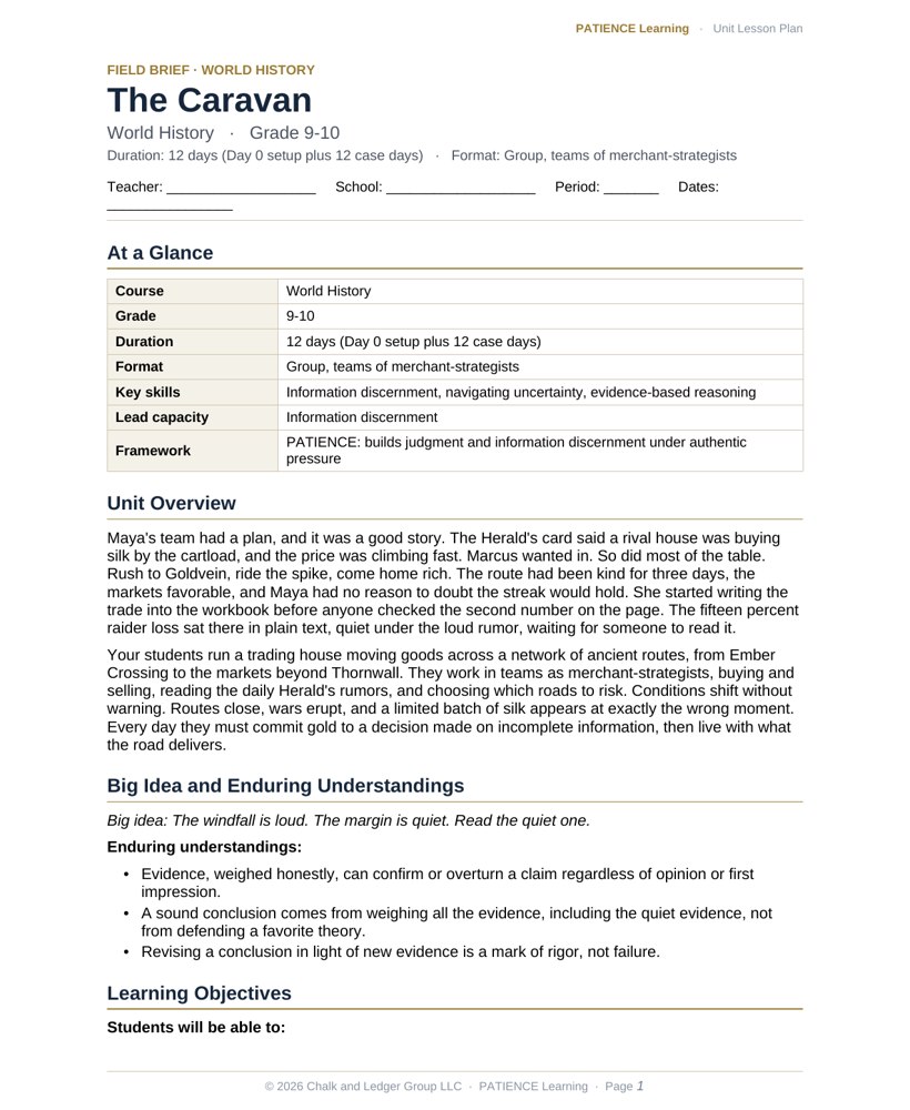 The included admin-ready lesson plan for The Caravan, first page