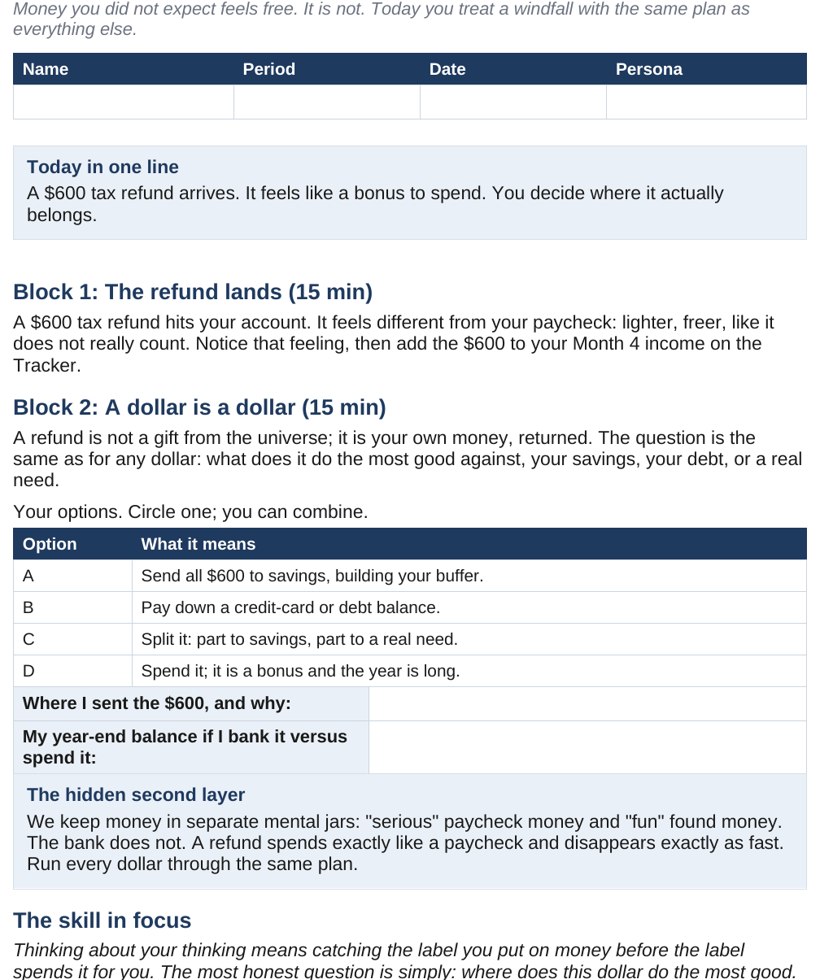 A student case page showing the Day 6 car repair event with the workbook balance and the decision the student must record.