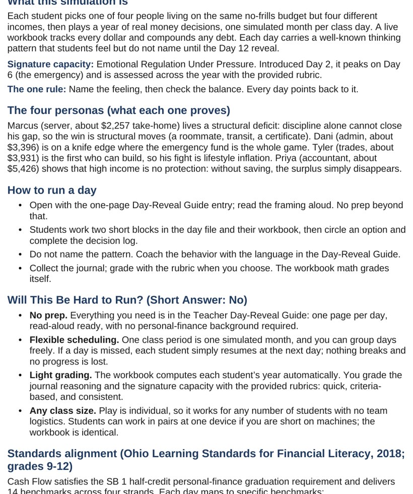 The teacher day-reveal guide showing the read-aloud framing and the two short work blocks for a single simulation day.