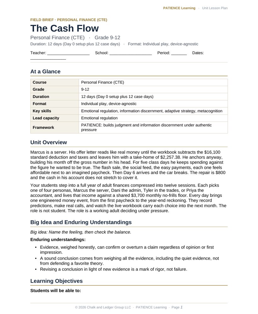 The included admin-ready lesson plan for The Cash Flow, first page