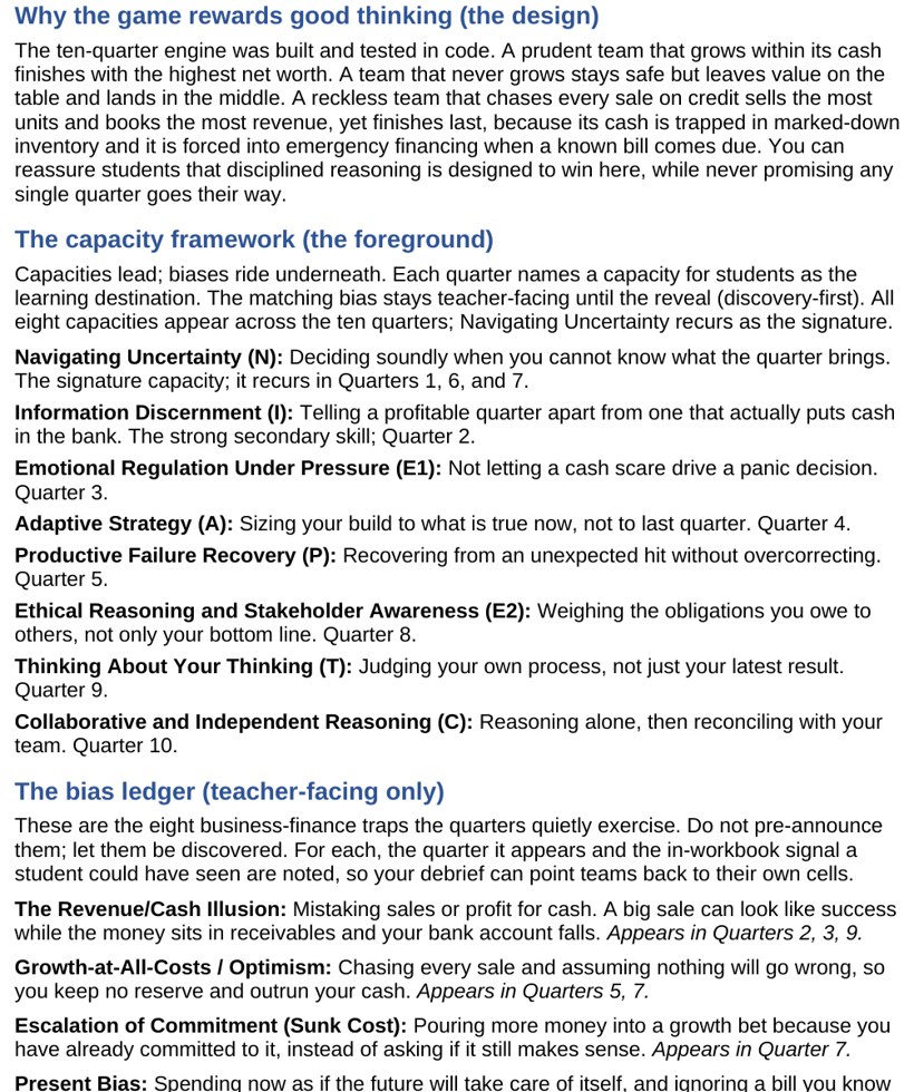 The teacher guide showing read-aloud quarter scripts, the bias ledger, and the reveal armor.