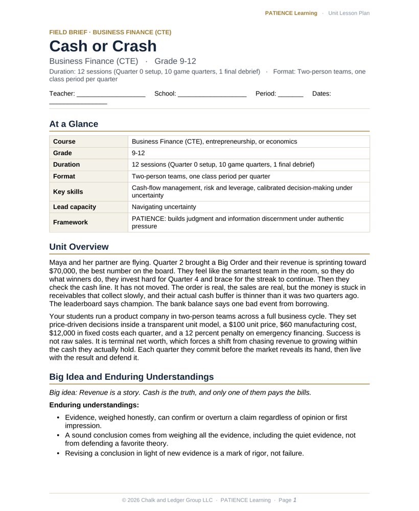 The included admin-ready lesson plan for Cash or Crash, first page