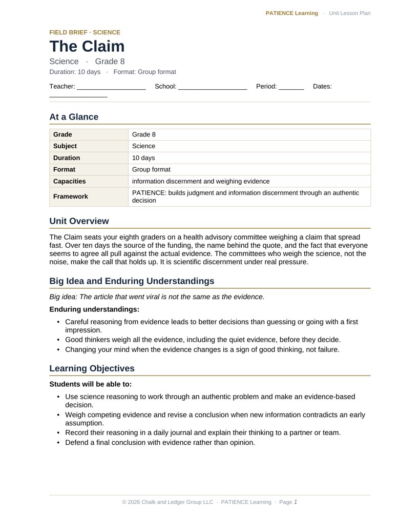 The included admin-ready lesson plan for The Claim, first page