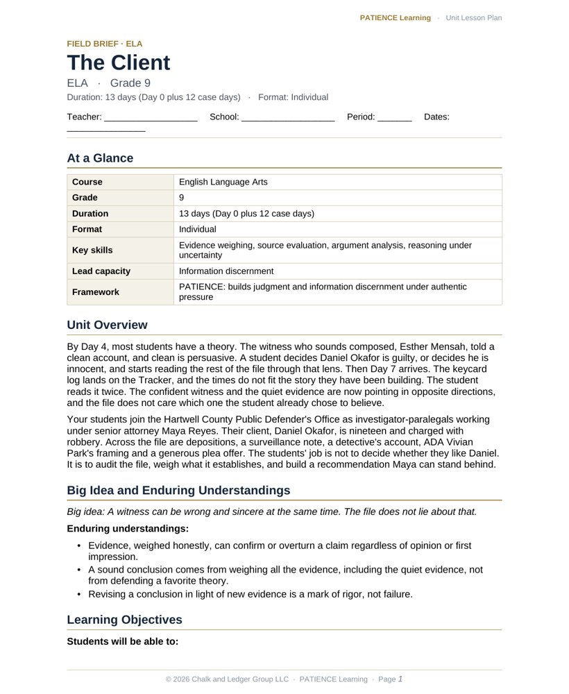 The included admin-ready lesson plan for The Client, first page