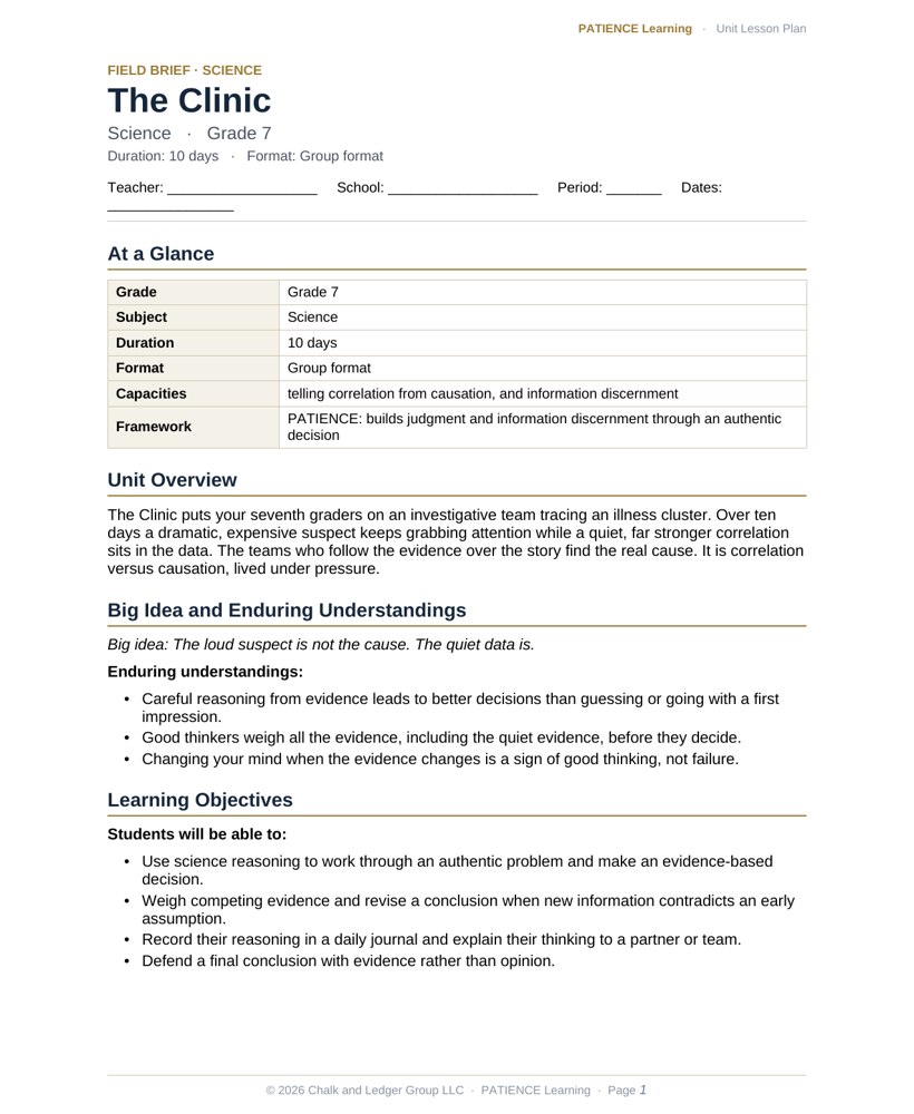 The included admin-ready lesson plan for The Clinic, first page