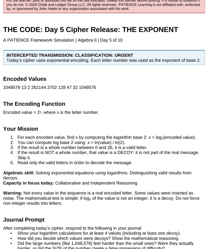 A daily cipher release sheet showing a column of encoded decimal values and the algebraic skill for the day, formatted for posting to an LMS.