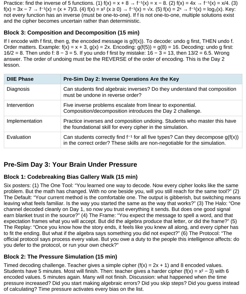 The teacher guide showing a daily playbook with the three-block, fifty-minute period broken into mini-lesson, decryption, and journal time.