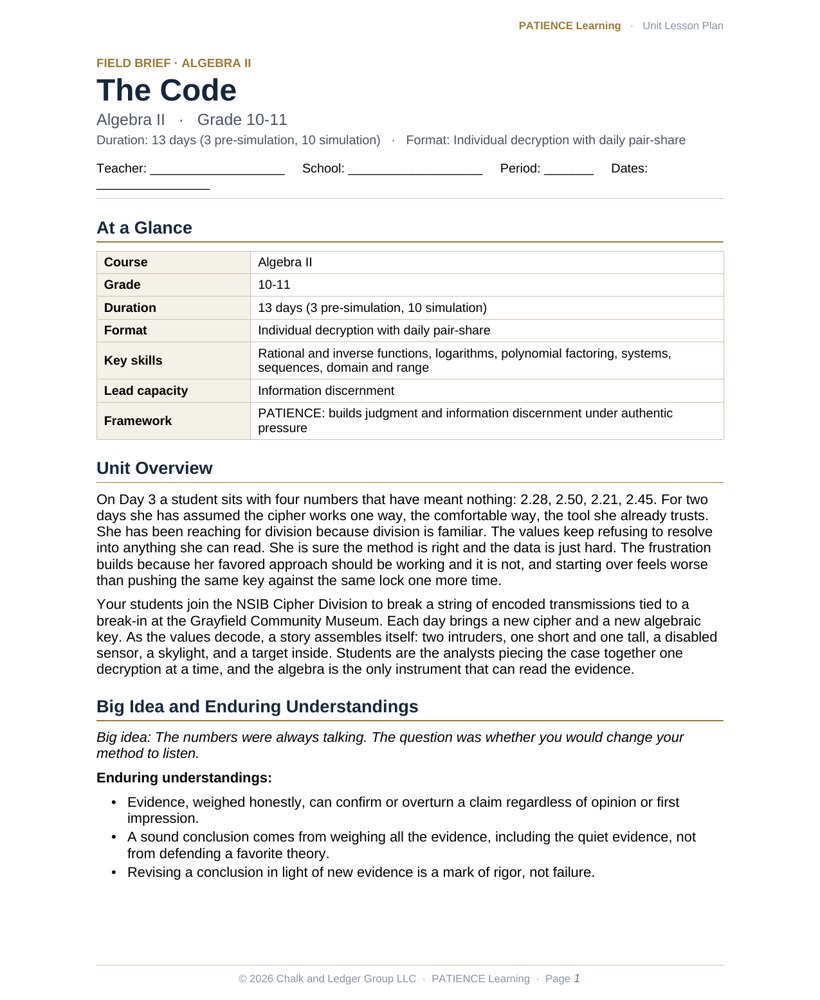 The included admin-ready lesson plan for The Code, first page