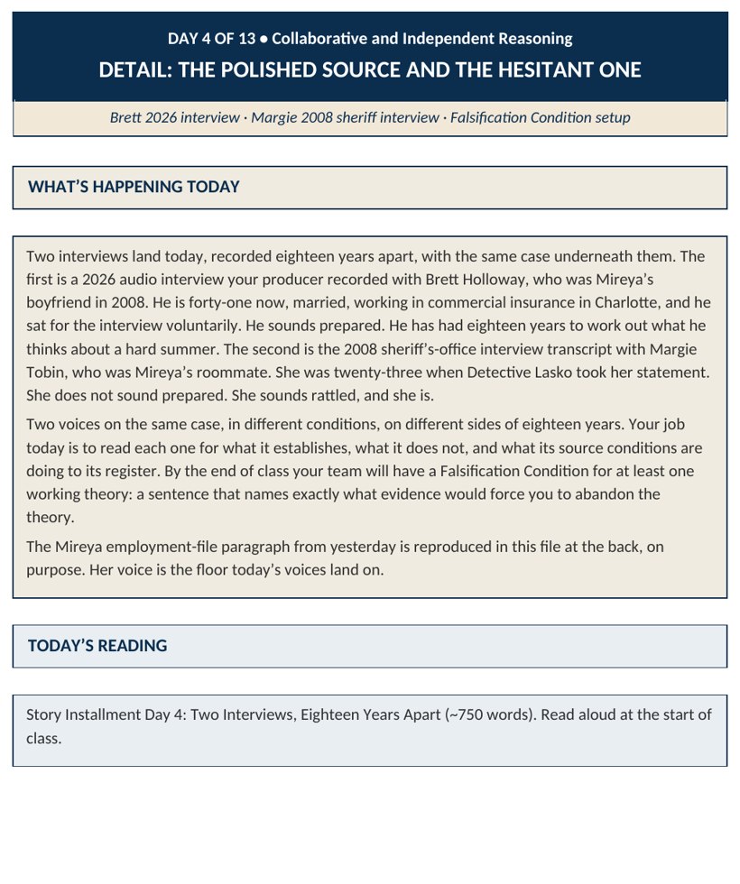 A source interview transcript page from the student case files, showing a recorded conversation with a named source.