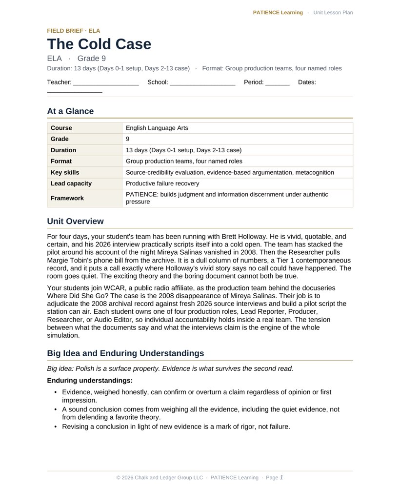 The included admin-ready lesson plan for The Cold Case, first page