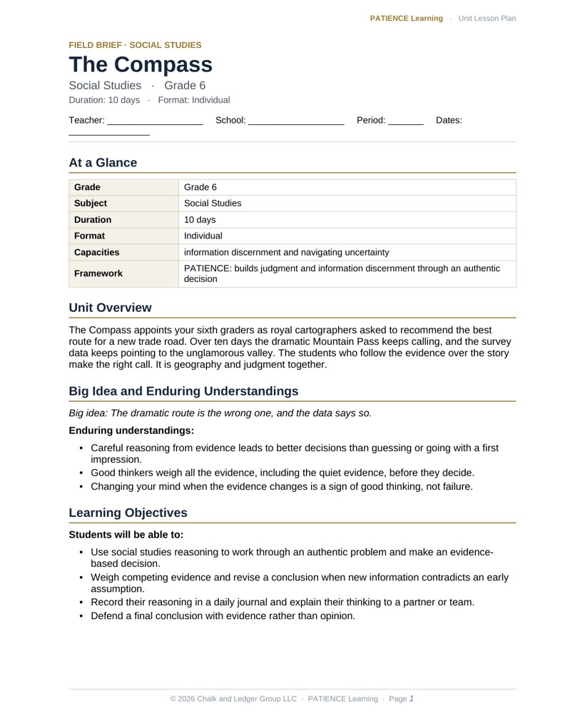 The included admin-ready lesson plan for The Compass, first page