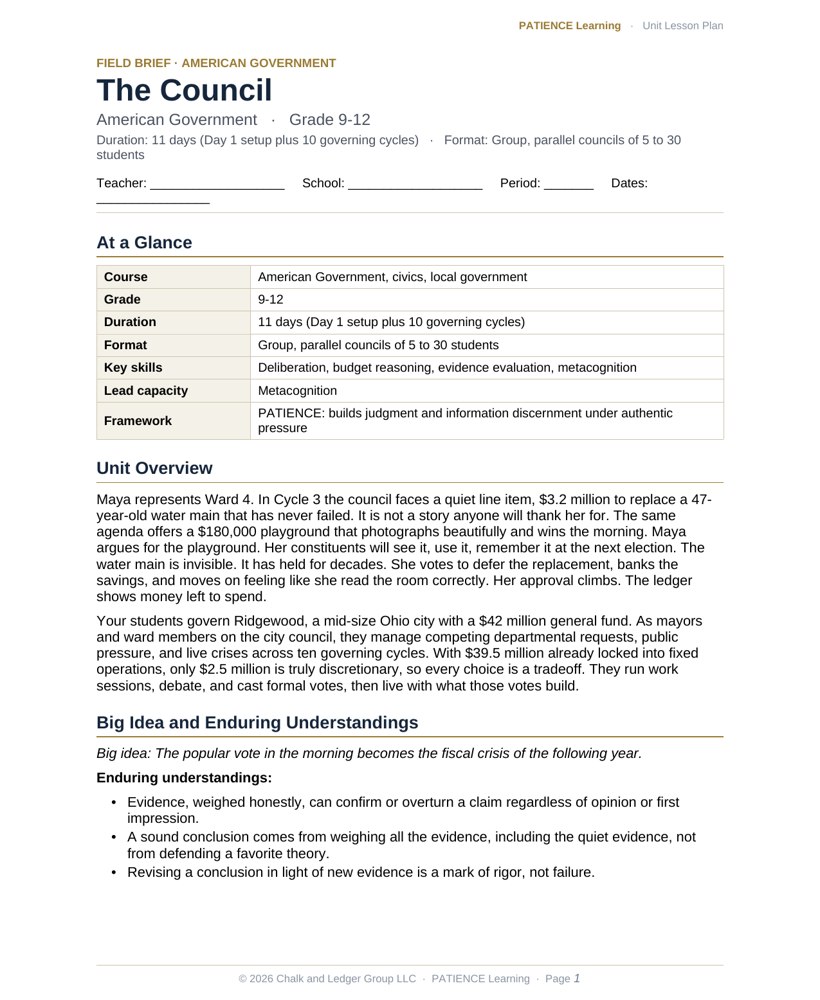 The included admin-ready lesson plan for The Council, first page