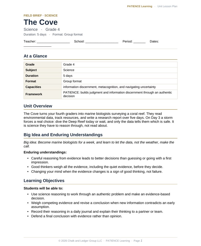 The included admin-ready lesson plan for The Cove, first page