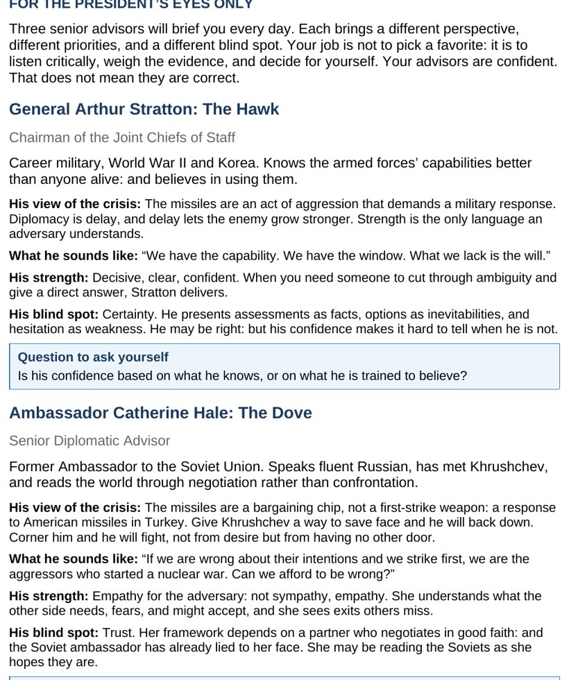 A student Advisor Dossier page showing the day's situation brief, conflicting advisor counsel, and the decision students must make.
