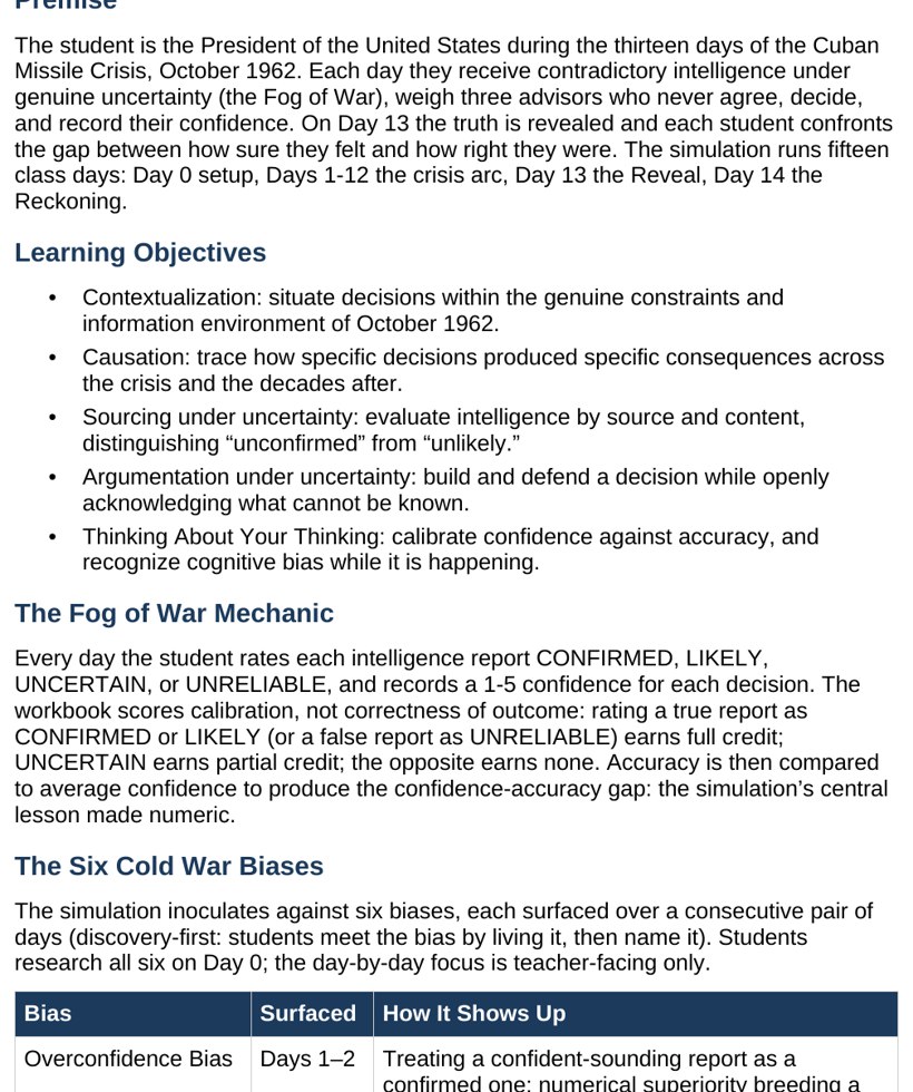 The Teacher Guide page showing a scripted Daily Dispatch with the situational brief and decision point for one session.