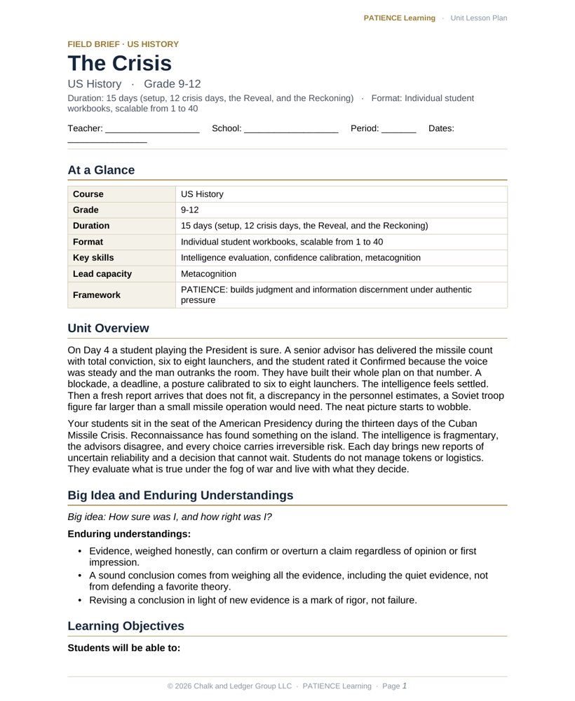 The included admin-ready lesson plan for The Crisis, first page