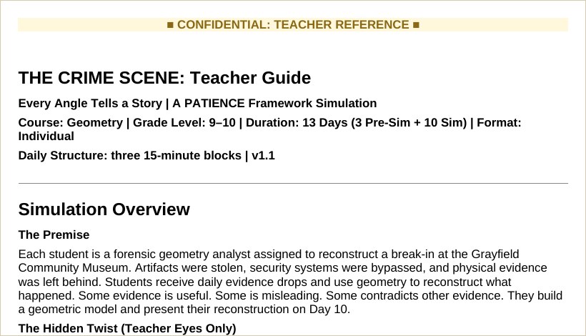 The Crime Scene teacher guide, first page
