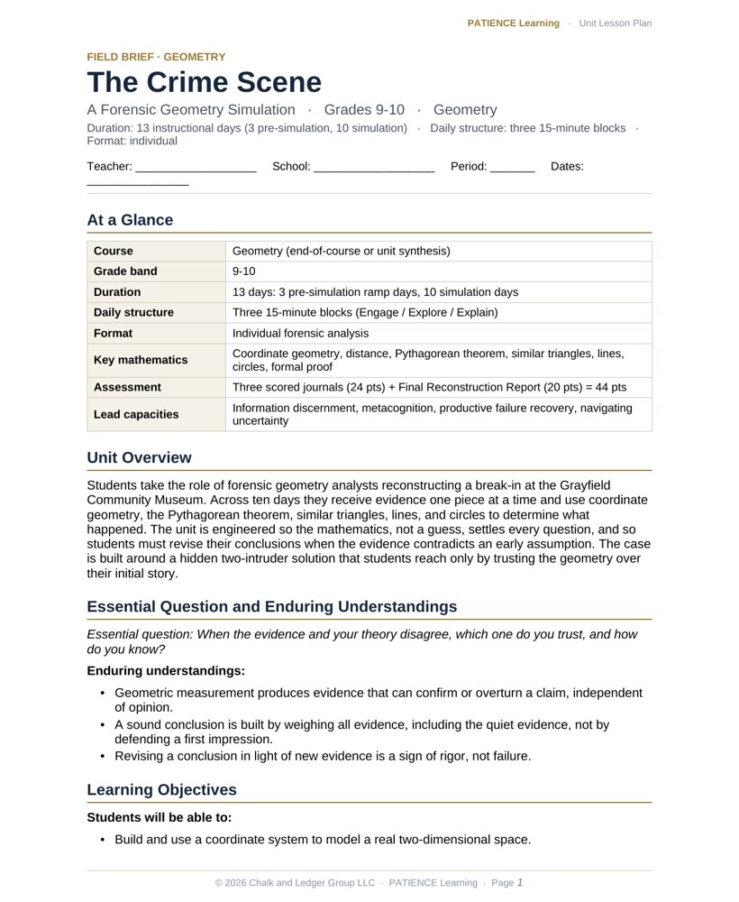 The included admin-ready lesson plan for The Crime Scene, first page