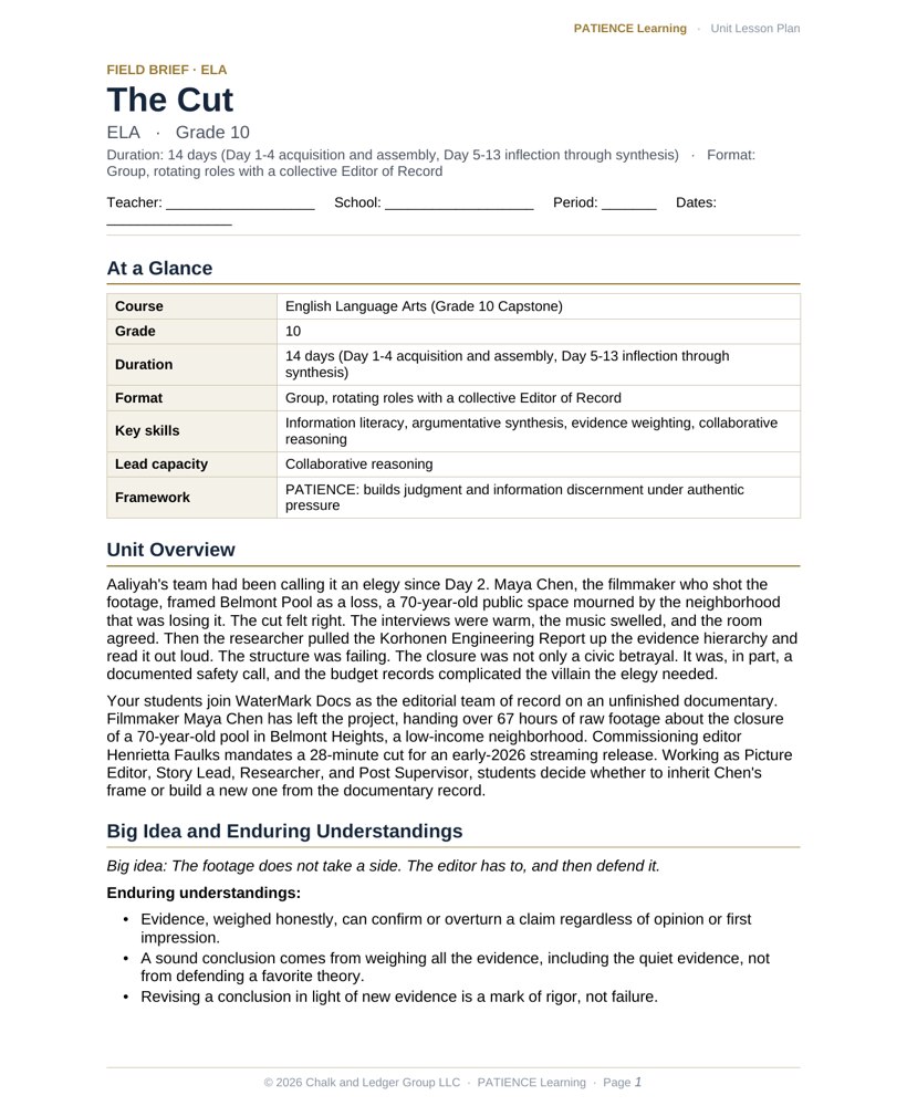 The included admin-ready lesson plan for The Cut, first page