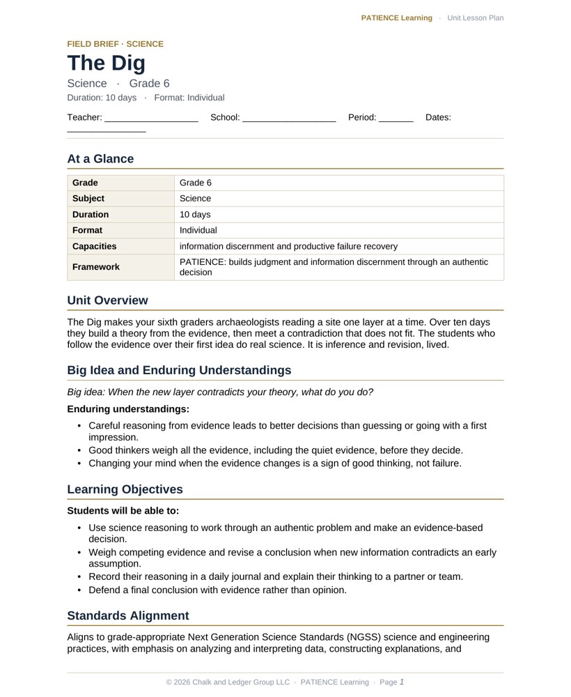 The included admin-ready lesson plan for The Dig, first page
