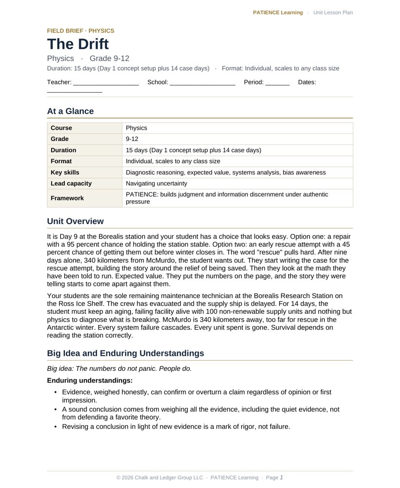 The included admin-ready lesson plan for The Drift, first page