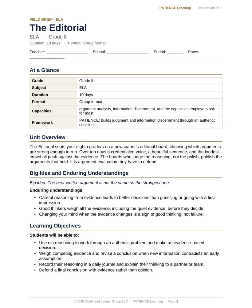 The included admin-ready lesson plan for The Editorial, first page