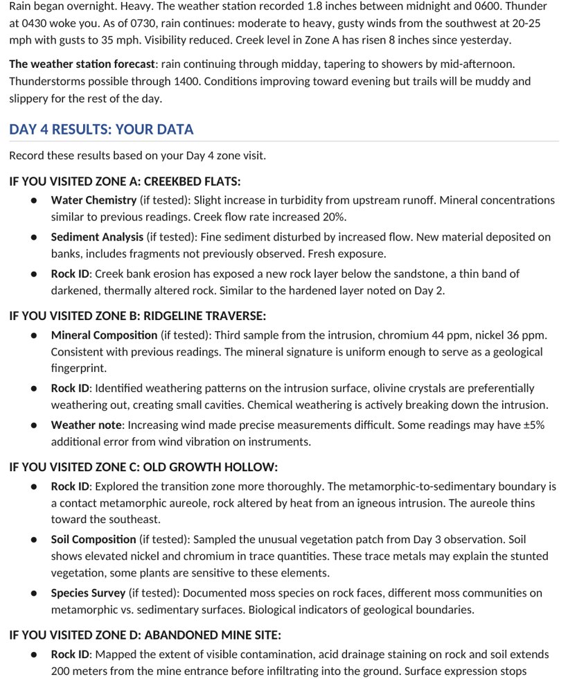 A student field briefing page showing the day's survey conditions, zone options, and supply costs.