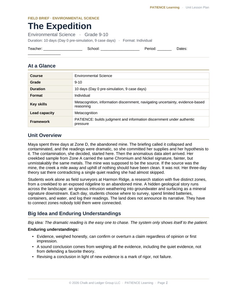The included admin-ready lesson plan for The Expedition, first page