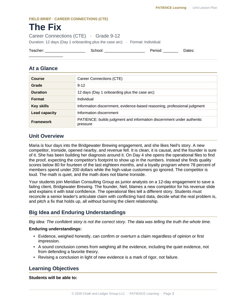 The included admin-ready lesson plan for The Fix, first page