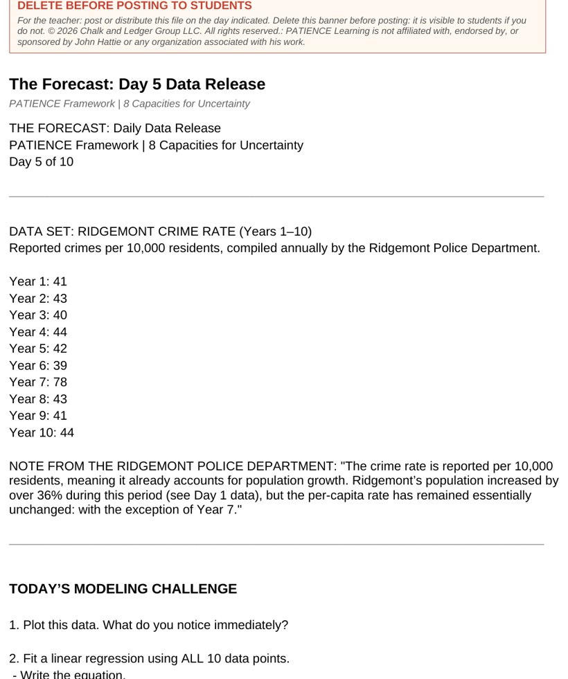 A student case page showing a daily data release for the city of Ridgemont with a table of yearly values and a prompt to choose a model.
